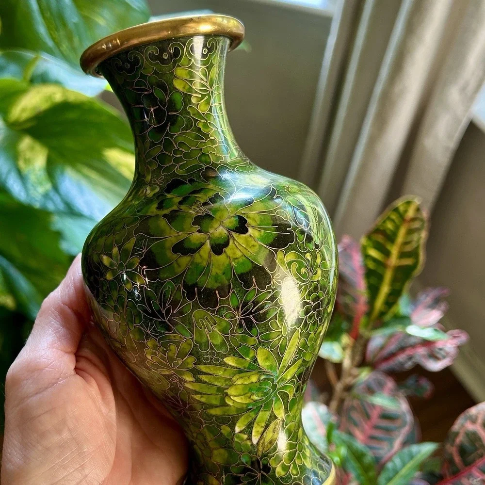 Vintage Chinese Cloisonné Emerald Green Floral Vase 7.5